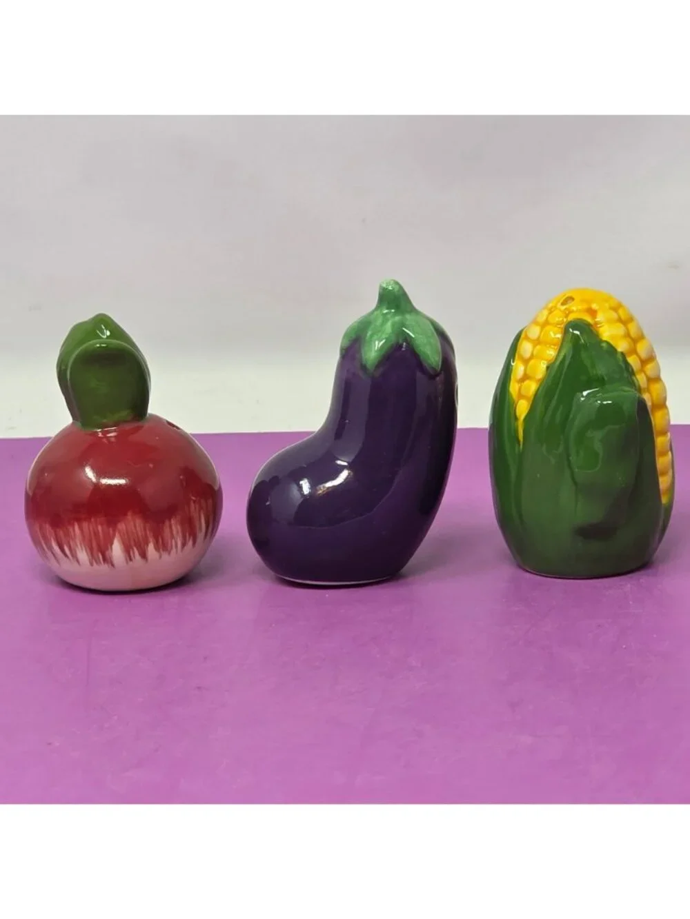 Vegetable-Themed Ceramic Salt & Pepper Shakers  Eggplant Corn & Turnip Design